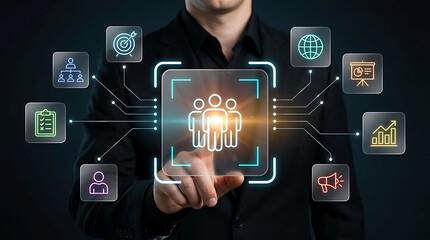 Obraz premium Businessman touching virtual team network screen for corporate human resources management