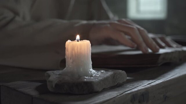 Close up of medieval prisoner hands tracing lines in an open book near a burning candle on a wooden table inside a dark jail cell, camera tracking