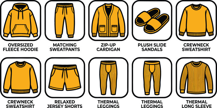 Yellow loungewear clothing icon set vector illustration featuring hoodie sweatpants cardigan slippers crewneck sweatshirt shorts thermal leggings and long sleeve shirt