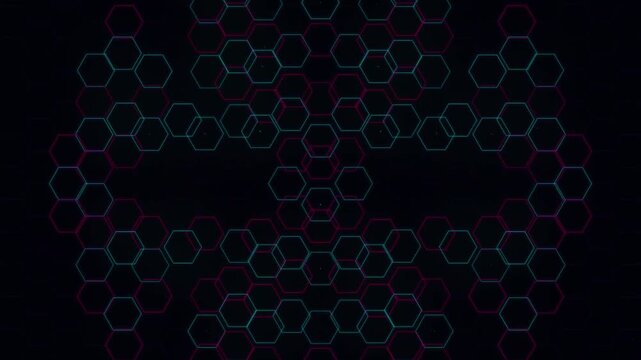 Animated video loop with abstract hexagon network pattern, digital connection system and geometric structure, supporting technology visualization, data communication and modern background.