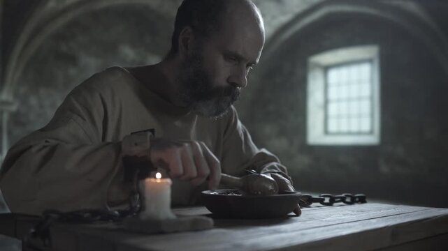 Mature medieval man in chains eating rustic gruel with a spoon from a wooden bowl, while sitting at a rough table next to a burning candle, inside a dark stone jail cell
