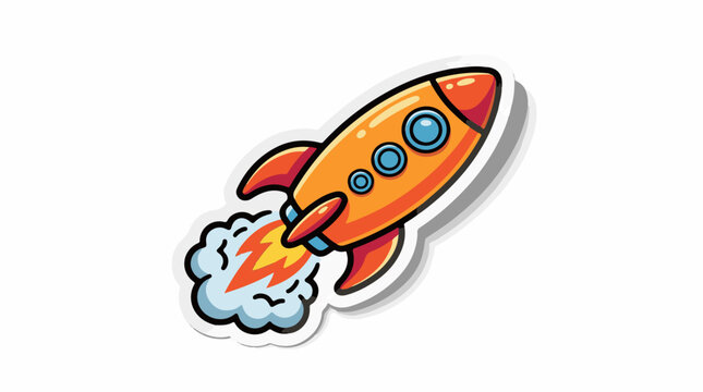 A cartoon-style orange rocket ship with blue windows blasts off into the air