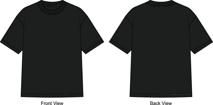 Blank black crewneck t shirt technical fashion sketch vector illustration featuring front view and back view drop shoulder casual streetwear template garment mockup