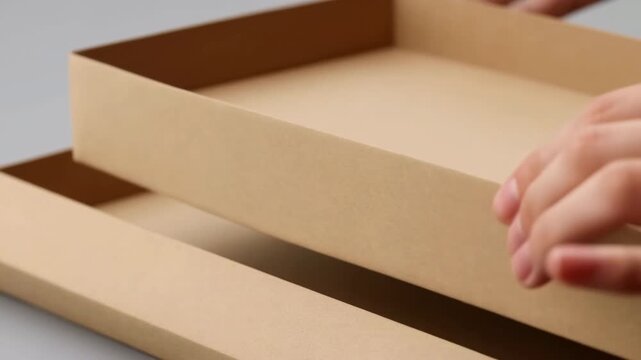 Hands lifting and aligning empty cardboard tray with three parallel compartments over neutral tabletop in soft studio light, showing careful handling, separation, and clean packaging order