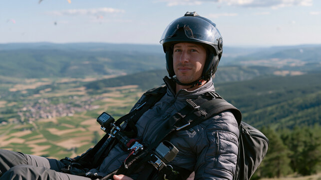 Paraglider pilot thermaling above patchwork vineyard landscape in southern French countryside, harness reclined in comfortable cruising position, variometer mounted on control bar reading steady cli