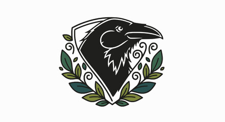 Obraz premium Stylized raven head emblem with decorative leaves and floral flourishes