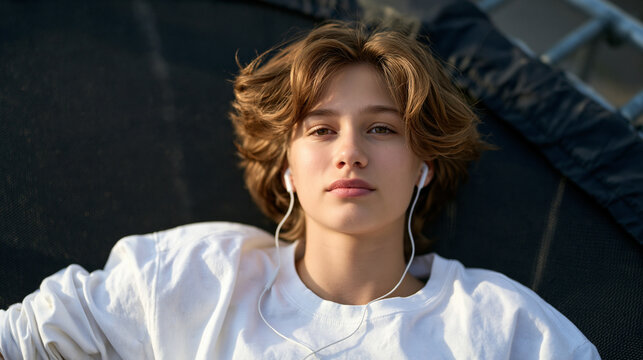 Teenage girl lying face-up on a trampoline staring at a late-summer sky, earbuds in, absent expression, seasonal transition melancholy, adolescent dissociation, end of summer existential stillness, 