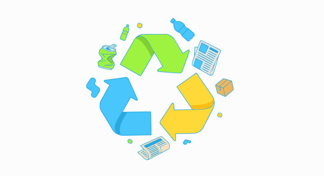 Recycling symbol with various recyclable items like plastic bottles, paper, and metal cans