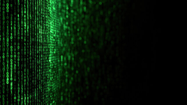 Green binary code digits streaming on dark background. Digital data flow and information stream. Programming and software development concept. Cyber technology and internet communication.