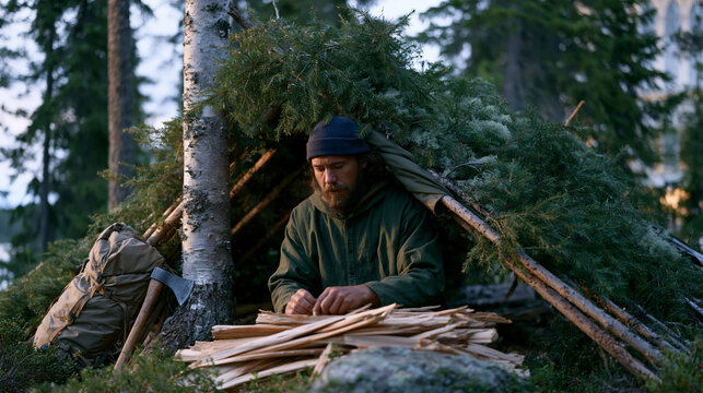 Wilderness survival instructor alone in boreal forest building debris shelter at dusk, placing final layer of spruce boughs across ridge pole frame, pack and axe resting against birch trunk, tempera