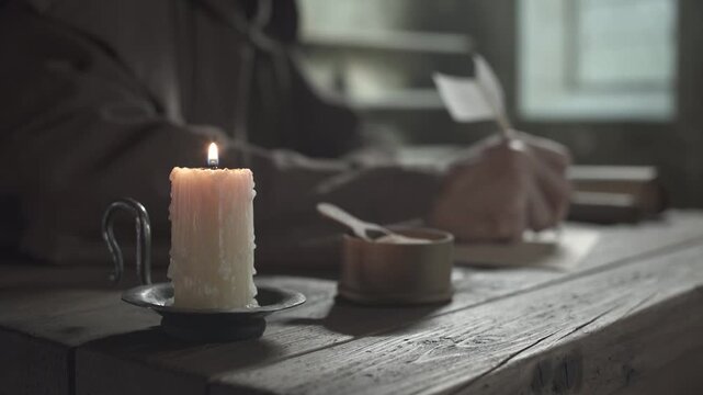 Dripping candle in a metal holder on a wooden table, against a blurred background of a monastic scribe writing on a parchment page, inside a medieval scriptorium