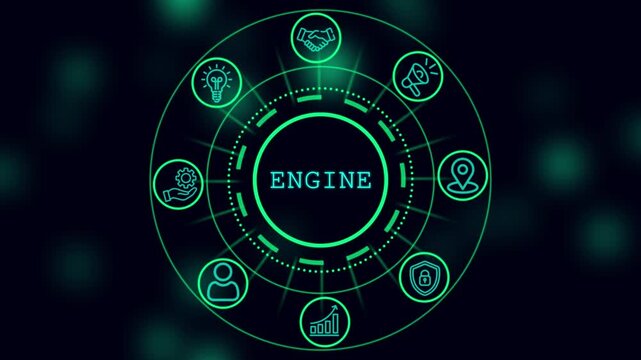 Digital business engine infographic animation: corporate strategy, growth, and innovation concept with glowing neon