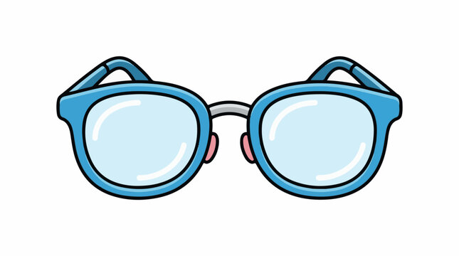 A cartoon-style illustration of blue glasses with clear lenses and pink nose pads