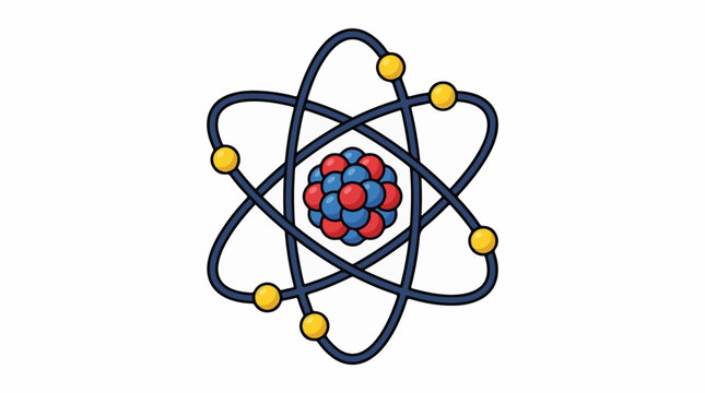 A colorful illustration of an atom with orbiting electrons and a nucleus