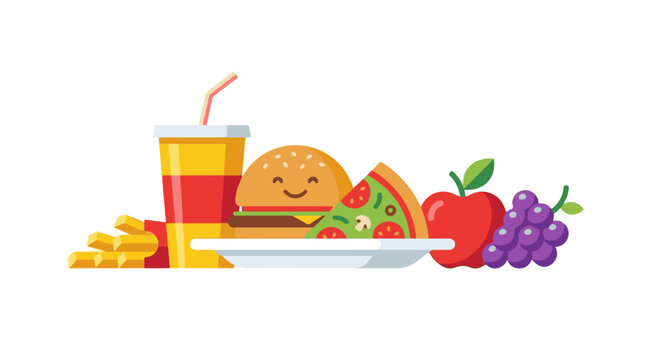 A cartoon illustration of a meal consisting of a hamburger pizza slice fries drink apple and grapes
