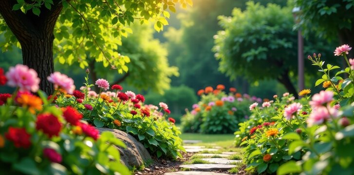 Lush greenery and colorful flowers create a vibrant tapestry in a garden, gardenia, foliage, stems