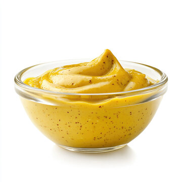 Mustard in a clear bowl on a white background ready for use in sandwiches, hot dogs, and salads