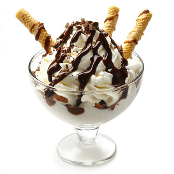 Delicious dessert served in a glass bowl with ice cream, whipped cream, and chocolate sauce at a dining table
