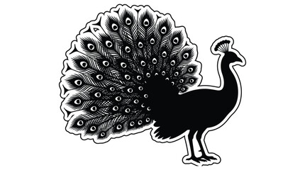 Fototapeta premium Peacock Silhouette Against A White Background Detailed Feather Illustration