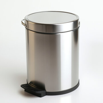 Metal trash bin with a foot pedal located on a clean, white background for use in home or office settings