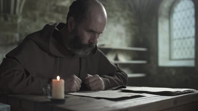 Medieval copyist examining a parchment sheet with calligraphy lettering and laying it on top of a pile of manuscripts next to a burning candle, inside a scriptorium