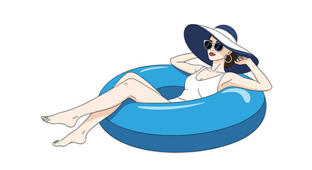 Obraz premium Fashionable woman wearing a large hat and sunglasses relaxing in a blue inflatable ring on white background.