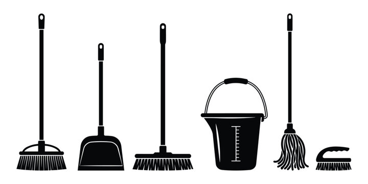 Set of cleaning supplies silhouettes including broom dustpan mop bucket and floor brush.