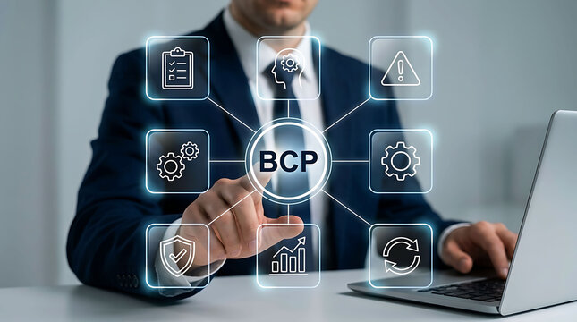 Businessman pointing at BCP business continuity plan digital interface concept