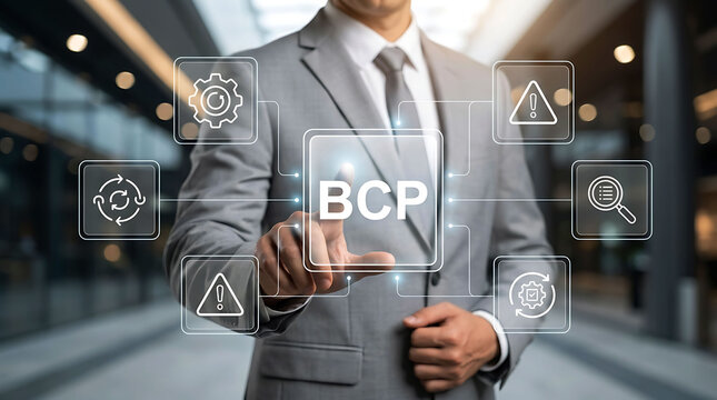 Businessman touching BCP business continuity planning interface screen concept