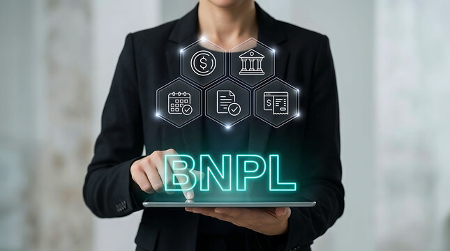 Businesswoman using digital tablet for BNPL buy now pay later financial concept