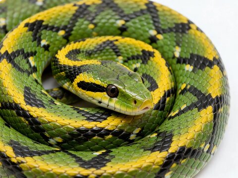 Coiled Green and Yellow Python