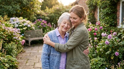 Fototapeta premium Caring embrace between older woman and younger adult in a blooming garden setting