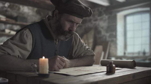 A medieval scholar reviewing a flying machine sketch, looking straight ahead thoughtfully near a burning candle on a wooden table inside a workshop
