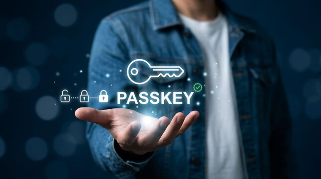 Man holding virtual passkey icon for passwordless login and cybersecurity