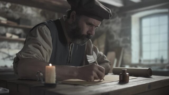 Medieval artist drawing a wing outline on a large sheet of parchment with a quill pen near a burning candle on a rough table inside a workshop with stone walls
