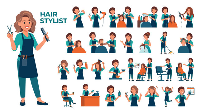 Hair stylist character set, professional hairdresser icons in flat vector style, beauty salon staff collection for web design