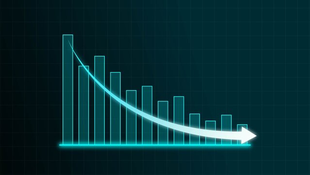 Glowing downward bar chart with a curved arrow showing business decline, loss and falling growth on a dark digital background.