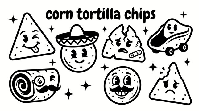 Pile of corn tortilla chips vector collection isolated for Mexican food, snacks, appetizers, parties, restaurants, and food packaging designs. Black and white sketch