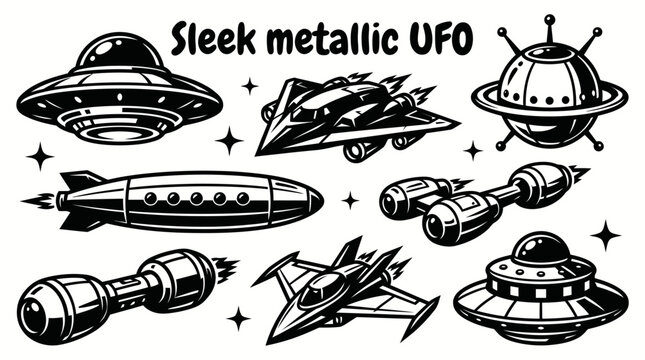 Sleek metallic UFO vector collection isolated for futuristic spacecraft, extraterrestrial technology, science fiction, and space exploration concepts. Black and white sketch style featuring flying