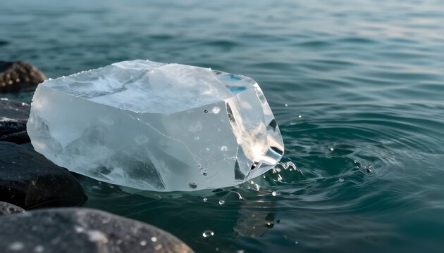 Large crystal clear ice block floating in teal blue water near a rocky shoreline.