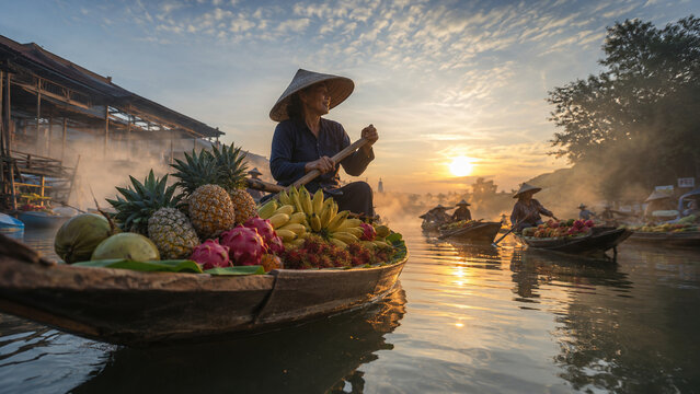 Tranquil Asian River Journey: Traditional Boat Amidst Atmospheric Sunrise Mist