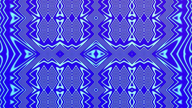 Symmetrical blue geometric pattern with tribal and kaleidoscopic motifs creating a vibrant animated background. Ideal for decorative visuals, digital art, and motion graphics.
