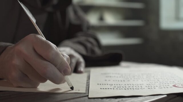 Hand of a medieval monk copying text from a Latin liturgy page to a blank parchment sheet with a quill pen while sitting at a rough wooden table inside a scriptorium