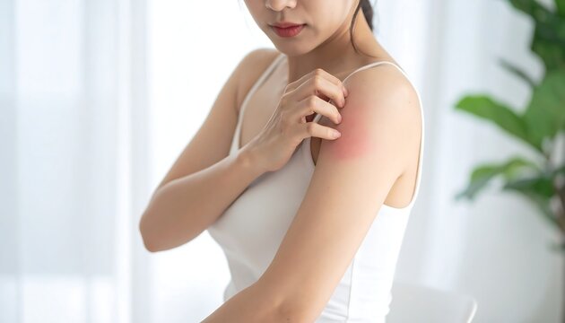 Woman Experiencing Skin Irritation or Allergy Reaction Indoor.