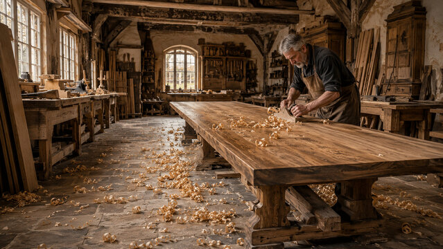 Aged rustic wood workbench inside historical stone artisan studio interior.