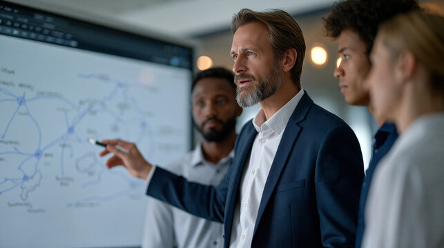 Zero trust network architecture diagram rendered on interactive whiteboard in enterprise security operations center, IT security architect annotating micro-segmentation zones with stylus, team of en