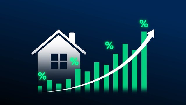 A house icon beside a rising bar chart and upward arrow, showing growth in home value and property investment.