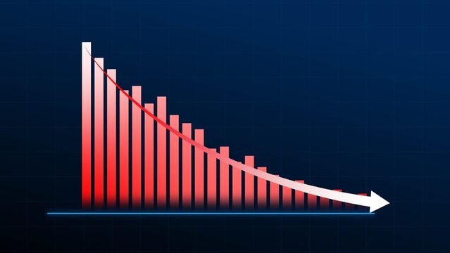 Red bar chart falling from left to right with a white downward arrow on a dark blue background, showing decline and loss in business or finance.