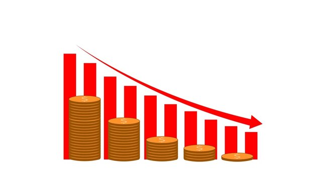 Red declining bar chart with stacked coins and a downward arrow, showing falling profits, loss, and financial decline