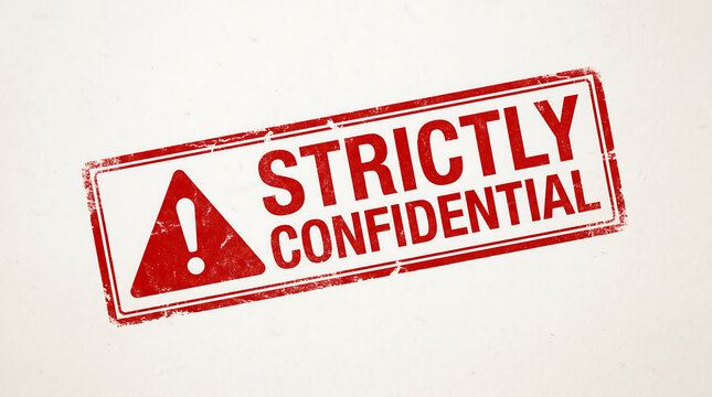 A red rubber stamp featuring the text strictly confidential with a bold white warning icon